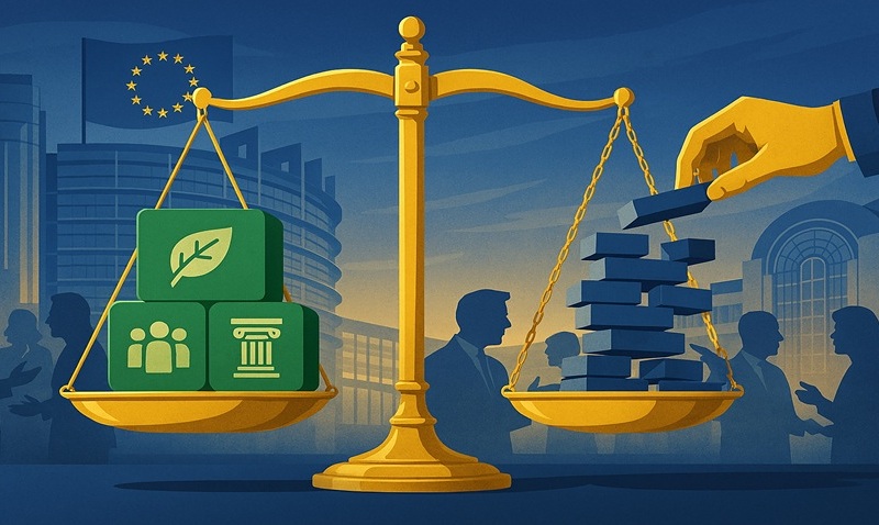 Eine goldene Waage zeigt auf der linken Seite grüne Blöcke mit Symbolen für Umwelt, Menschen und Justiz, während auf der rechten Seite blaue Blöcke von einer gelben Hand hinzugefügt werden; im Hintergrund sind Gebäude und die EU-Flagge zu sehen.